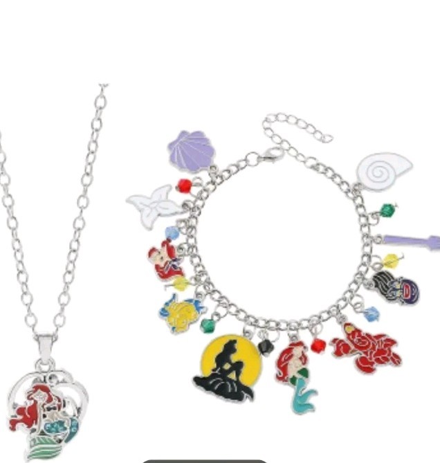 Little Mermaid Charm Bracelet And Necklace Set.Enamel Silvertone All Ages