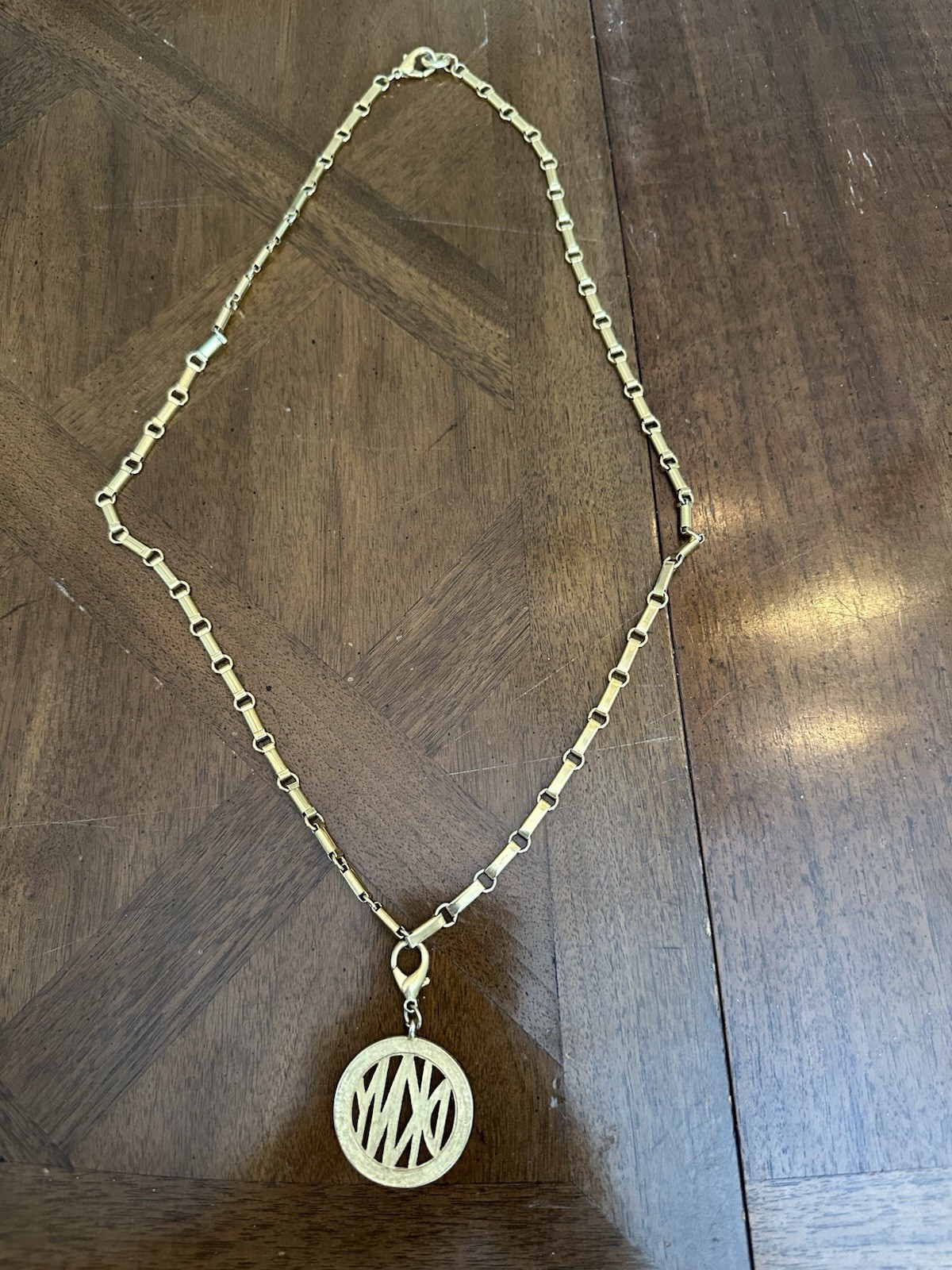 Vintage DKNY Donna Karan Pendant Statement Necklace Long Gold Tone Chain Signed!
