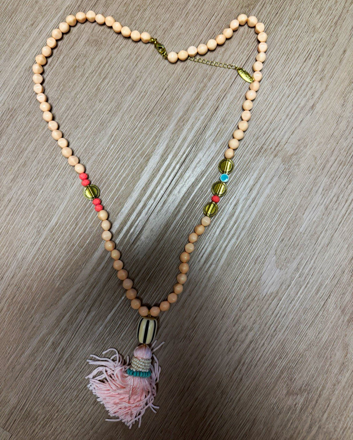 Pink Beaded Ball Chain Necklace Adjustable Bohemian Tassel Pendant