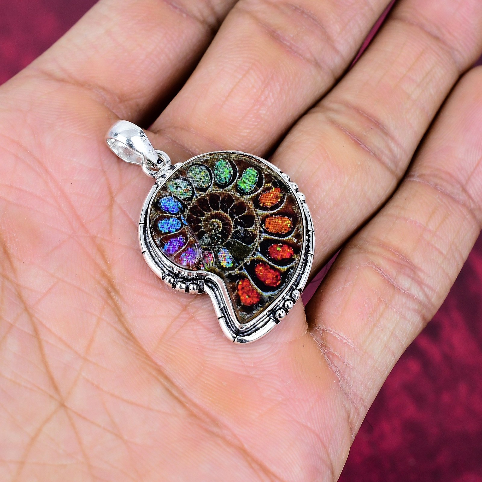 Ammonite Fossil Gemstone Handmade 925 Sterling Silver Everyday Jewelry Pendant