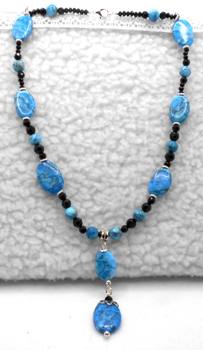 55cm, 21.5″ necklace, Blue Jasper beads, Black glass beads. Handmade