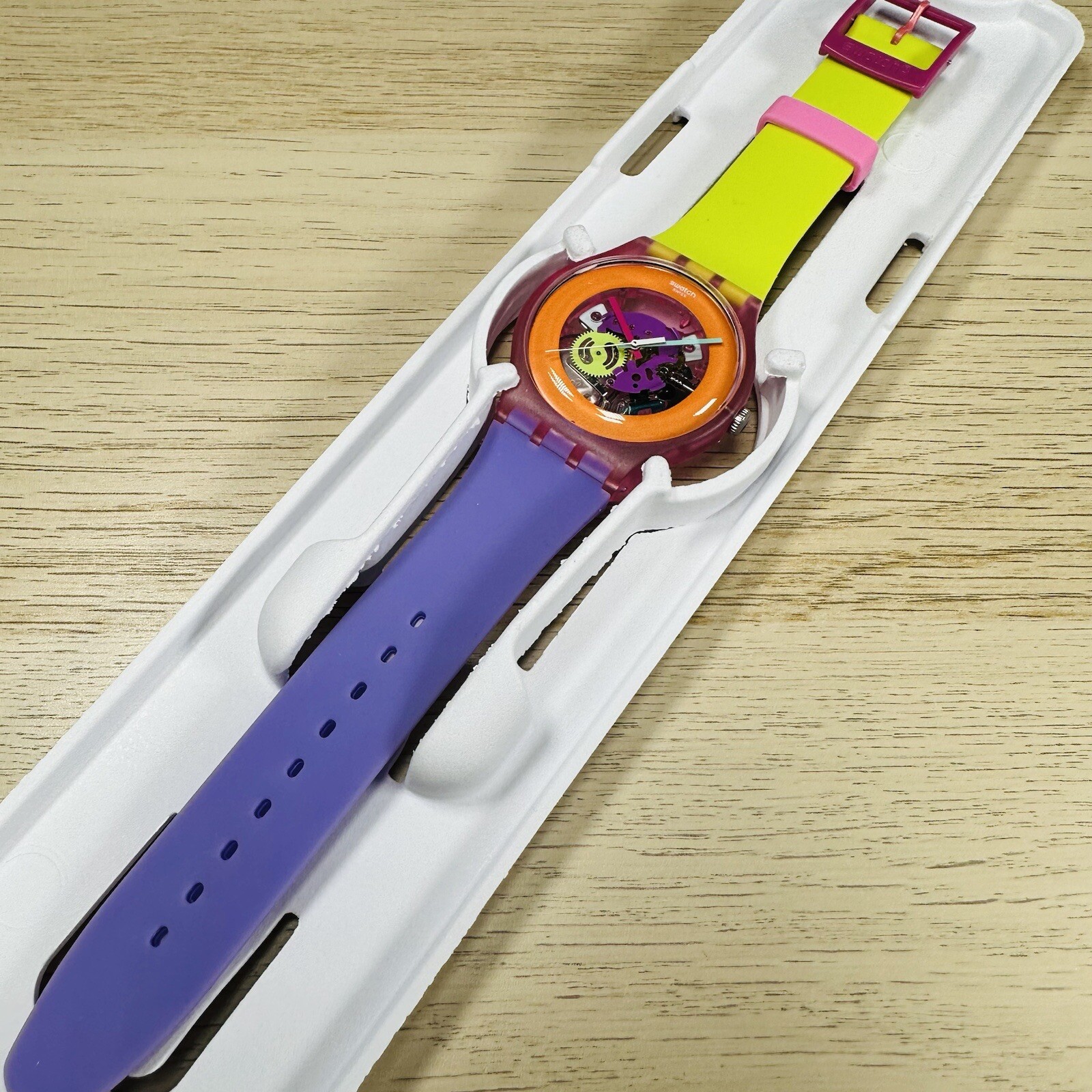 NEW✅ Swatch Dip In Color Orange Skeleton Dial Yellow and Purple Silicone Watch