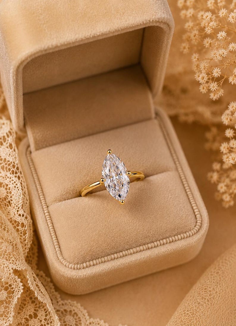 2.0 CT Marquise Cut Moissanite Solitaire 14K Gold Plated Engagement Ring