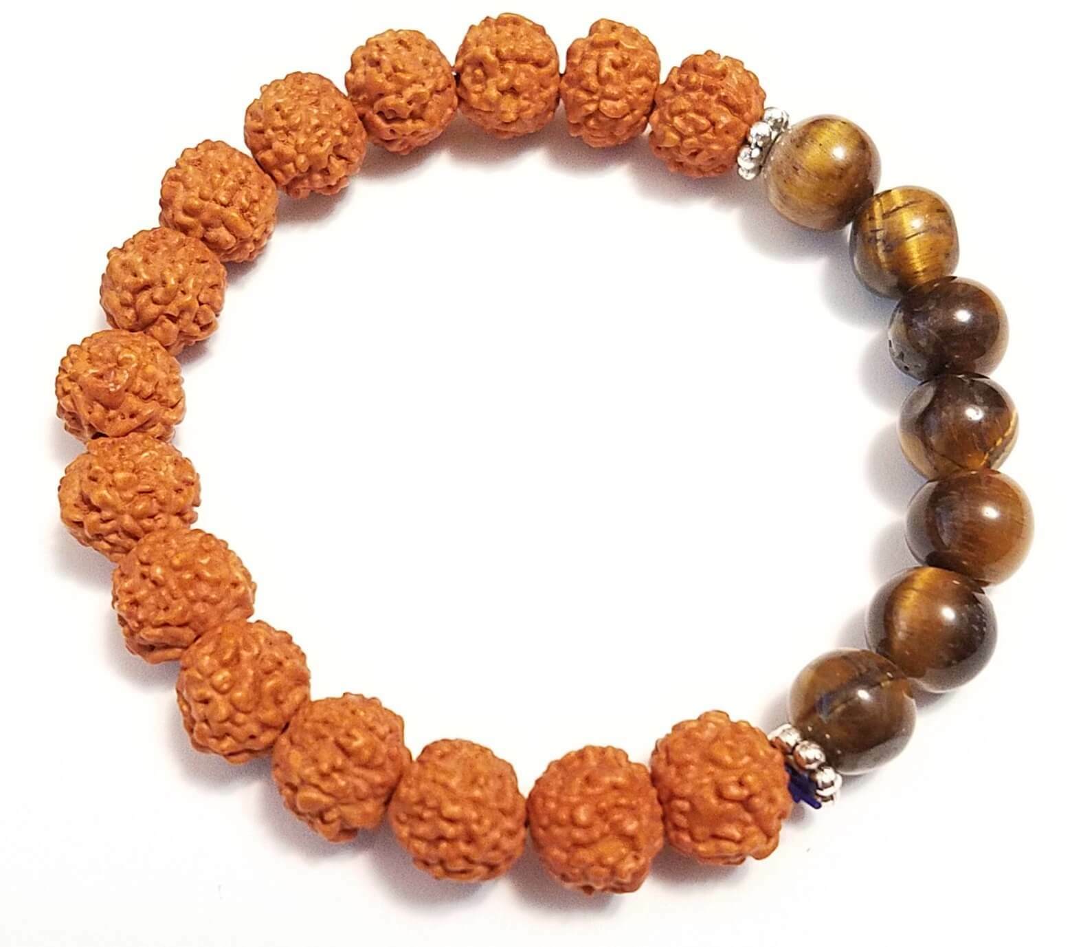 Rudraksha beads mala stretch bracelet with tiger eyes handmade unisex bracelet