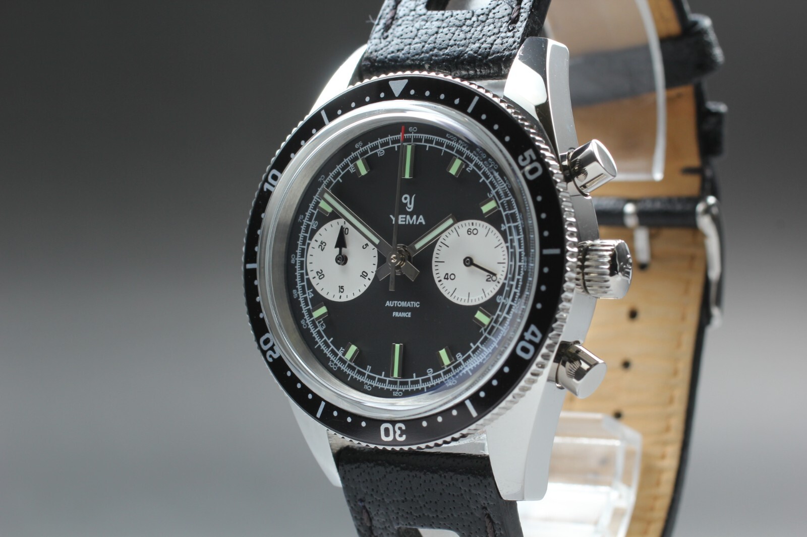 [N MINT+++ w/ Case] YEMA Speedgraf YSPEE2019-AAS 39mm Black Chrono AT Mens Watch