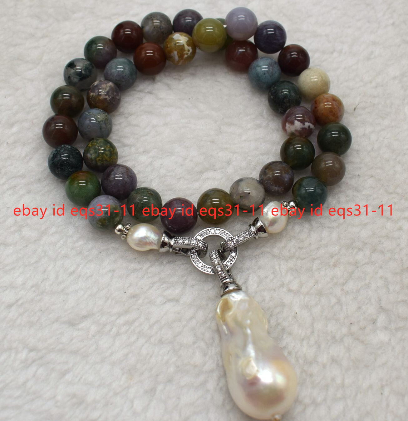 Natural Multicolor India Agate Gems & White Keshi Baroque Pearl Pendant Necklace