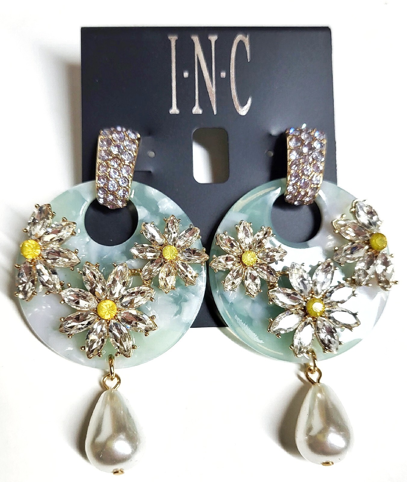 INC Crystal Resin Pearl Dangle Earrings Blue Daisy Multi-Color New with Tags