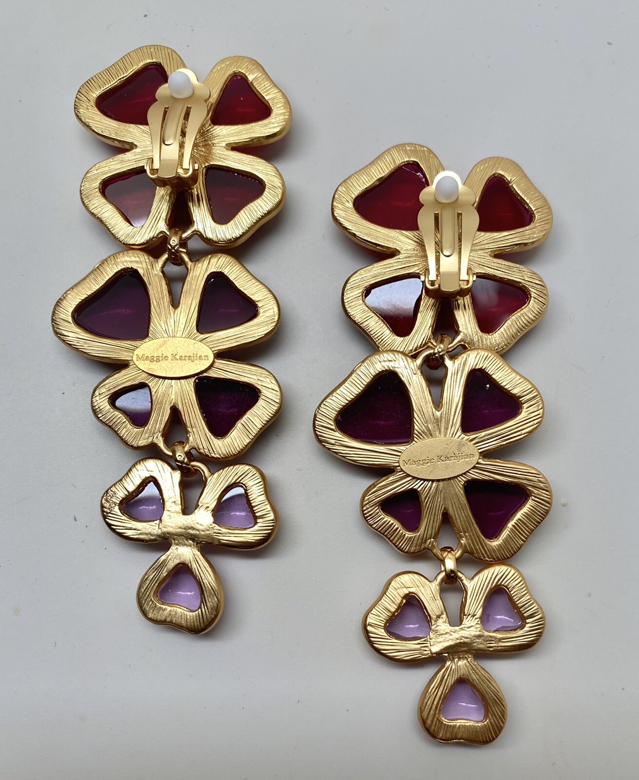 Vibrant Red, Purple & Pink Glass Cabochon Gold Plated Clip on Long Earrings