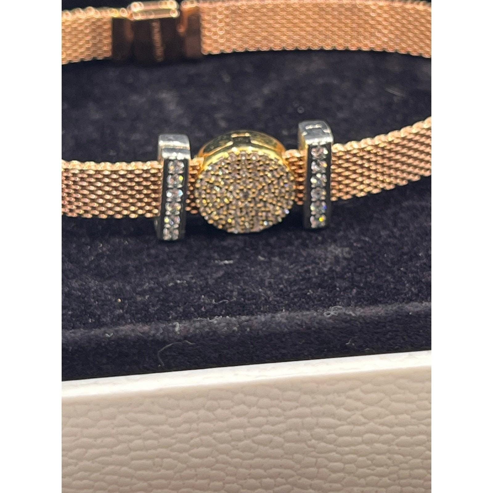 Pandora Reflexions Rose Gold Mesh Bracelet One Bling Charm 2 Pave Clip Charms
