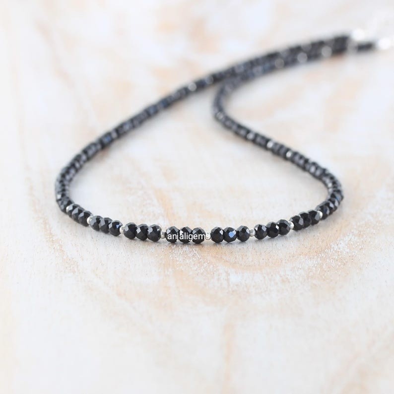 AA+ Natural Black Sapphire Gemstone Beads Necklace In 925 Silver Woman Jewelry A