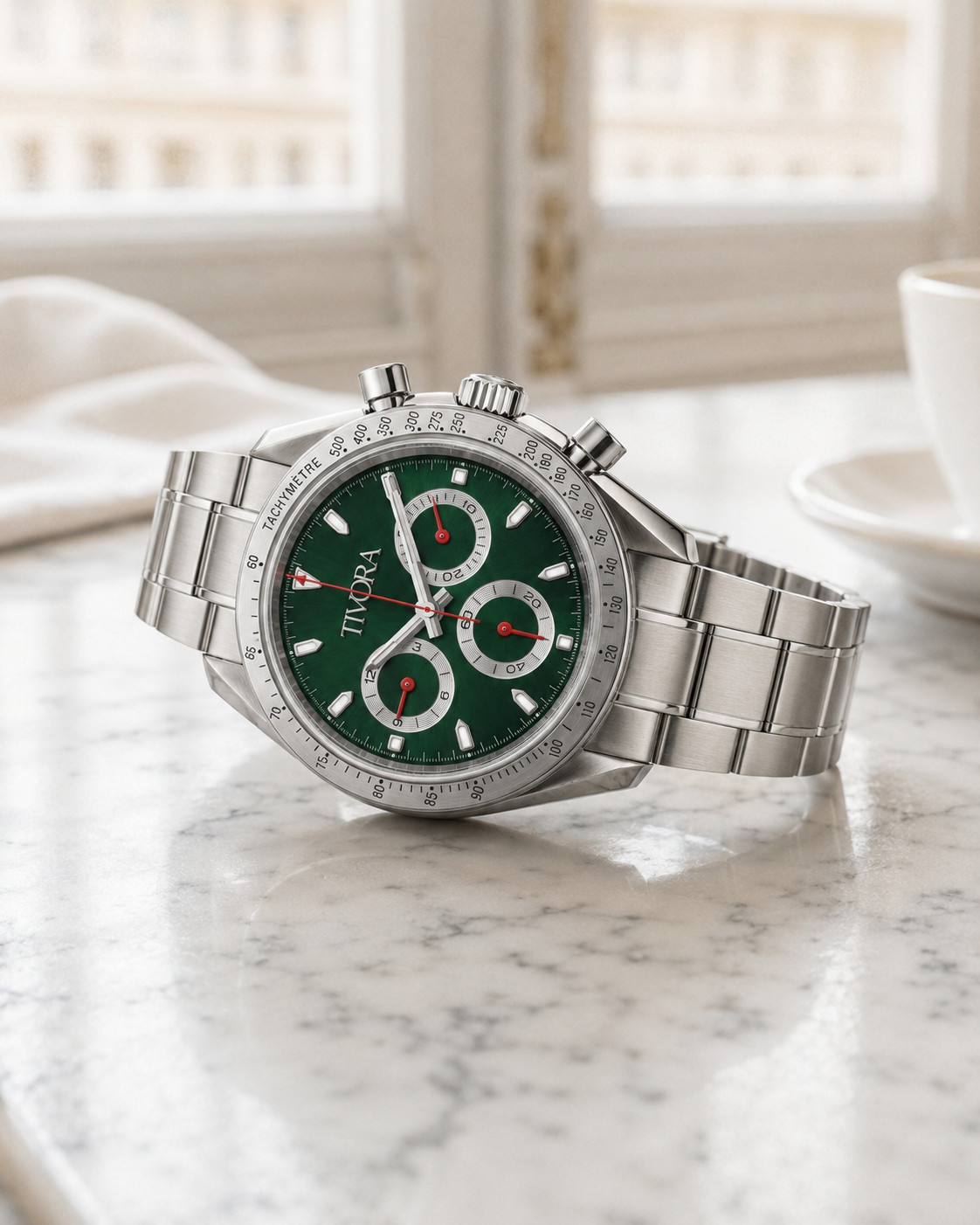 TÍVORÁ Veyron Argent Steel Race Emerald Dial – Custom Branded Automatic Chronogr