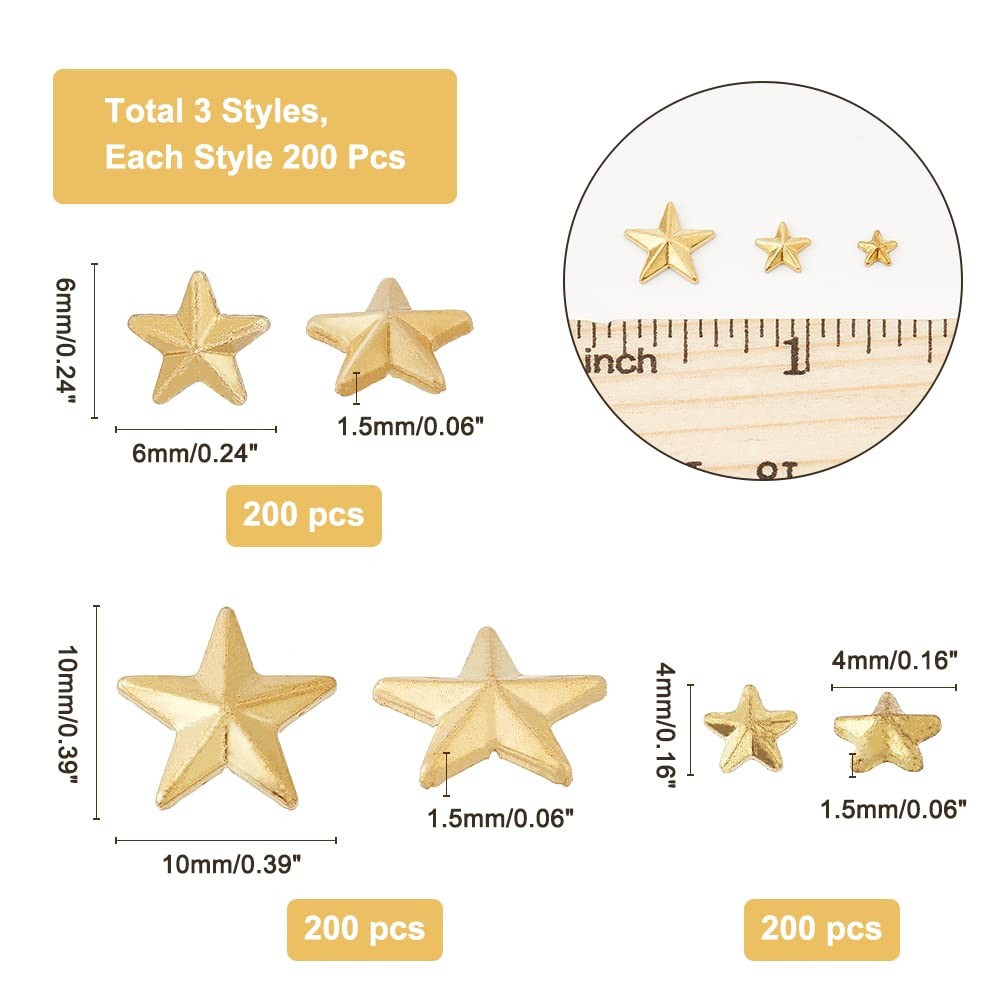 600 PCS Star Hotfix Iron On 4mm 6mm 10mm Rhinestone Appliques Metal Stud Gold