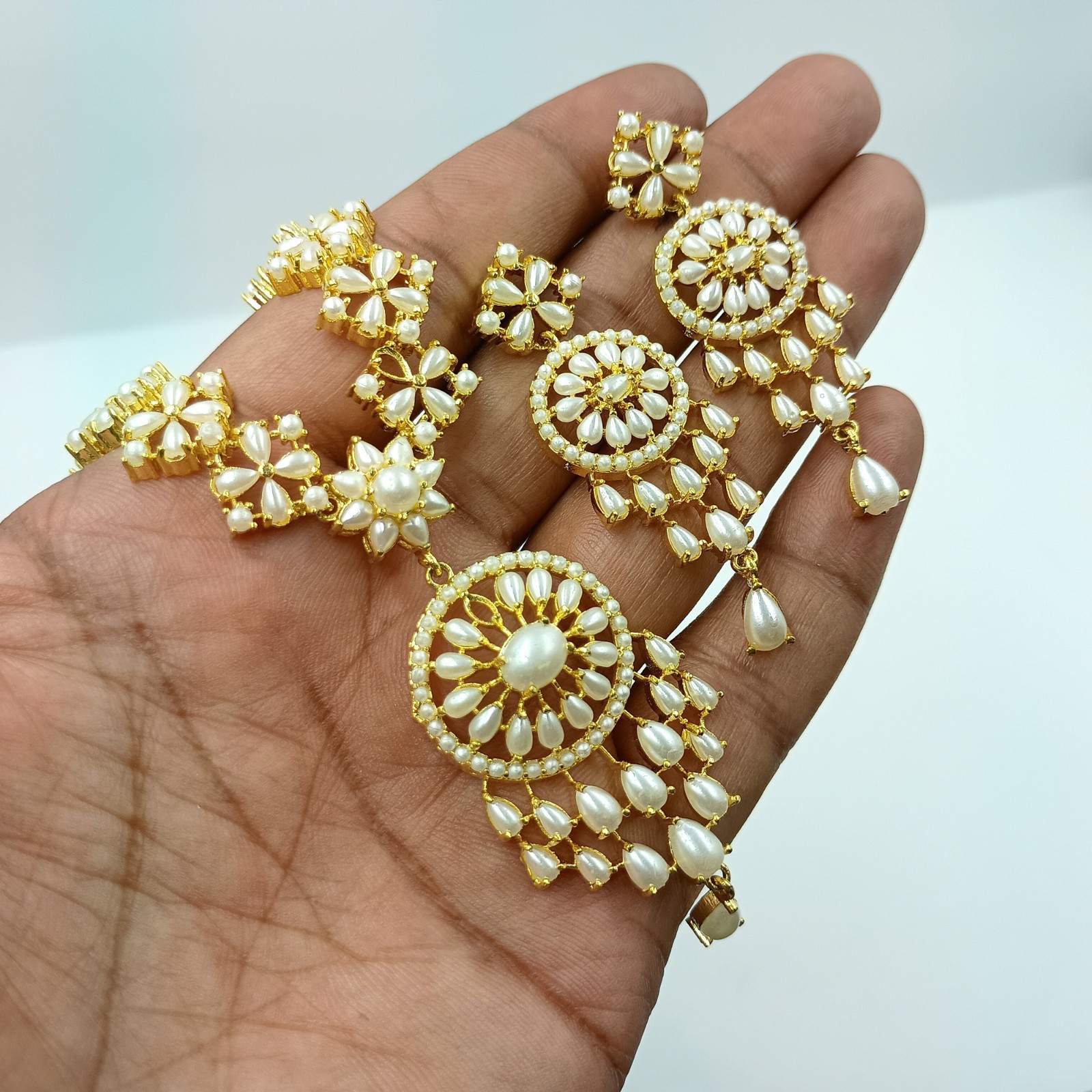 22k Gold Plated Pearl Necklace Set Indian Ethnic Wedding Choker Party Wear Jewel