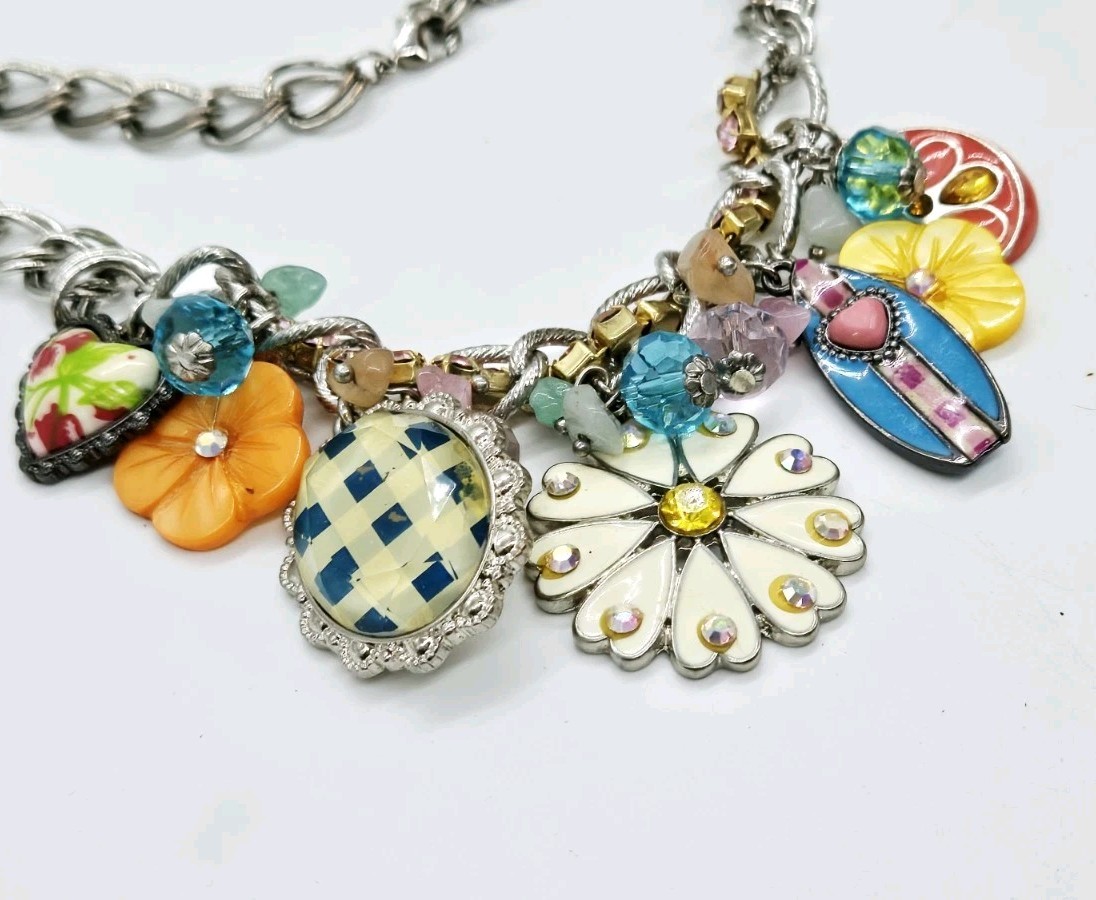 Surfboard Flower Charm Necklace MultiColor Beaded Colorful Wrap 17 in