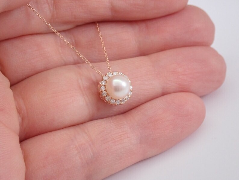2.00 Ct Round White Pearl Women’s Halo Pendant 14K Rose Gold Plated Silver