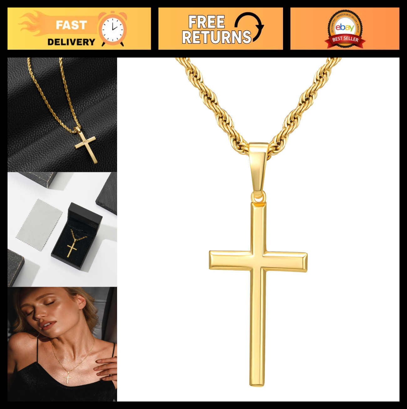 18K Gold Cross Necklace, Cuban Figaro Rope Chain 18-24″ – Stylish Jewelry