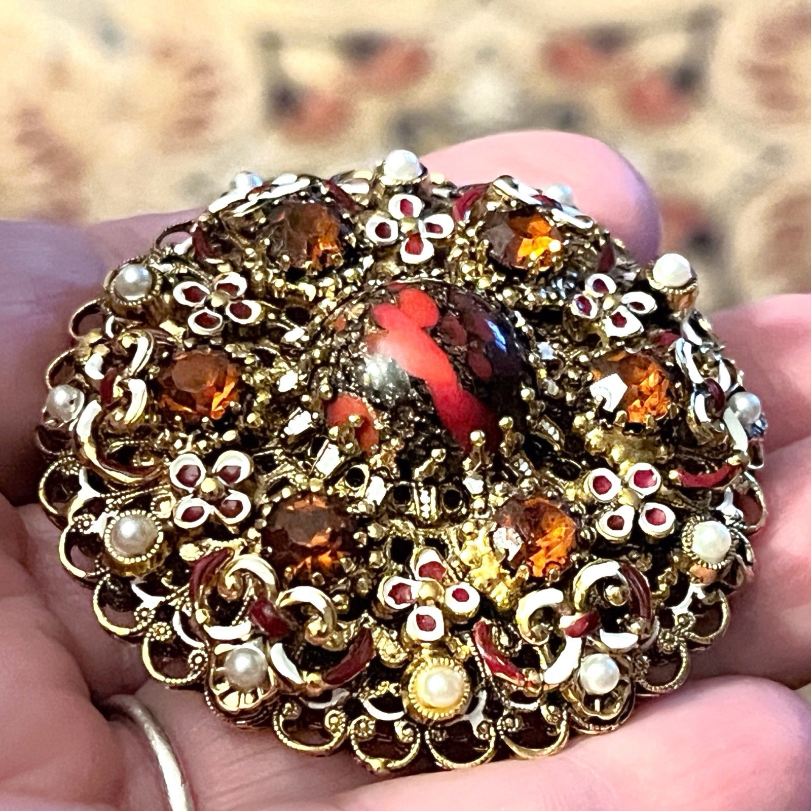 Vintage Brooch Signed Made in Austria Rhinestone Filigree Enameled 1960s