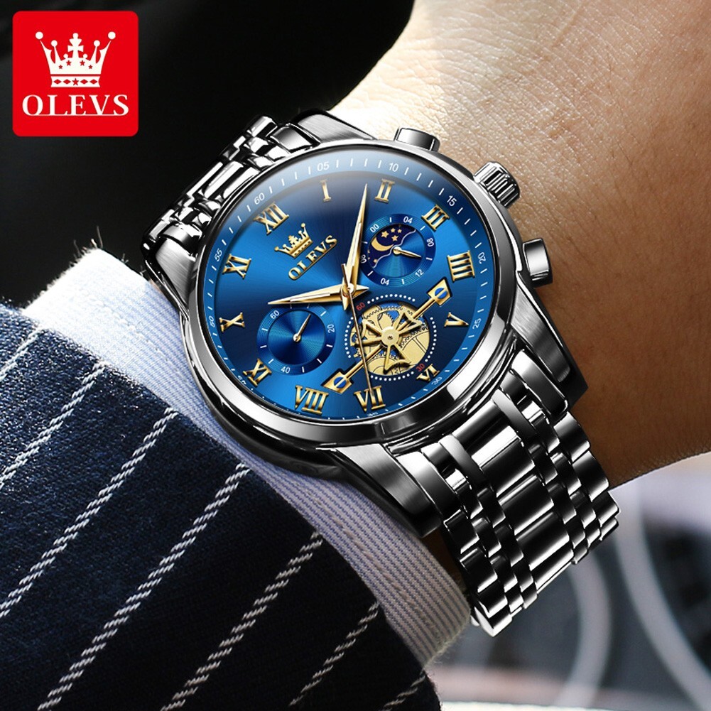 OLEVS Quartz Men’s Watch, Stainless Steel, Chronograph, Waterproof, Moon Phases