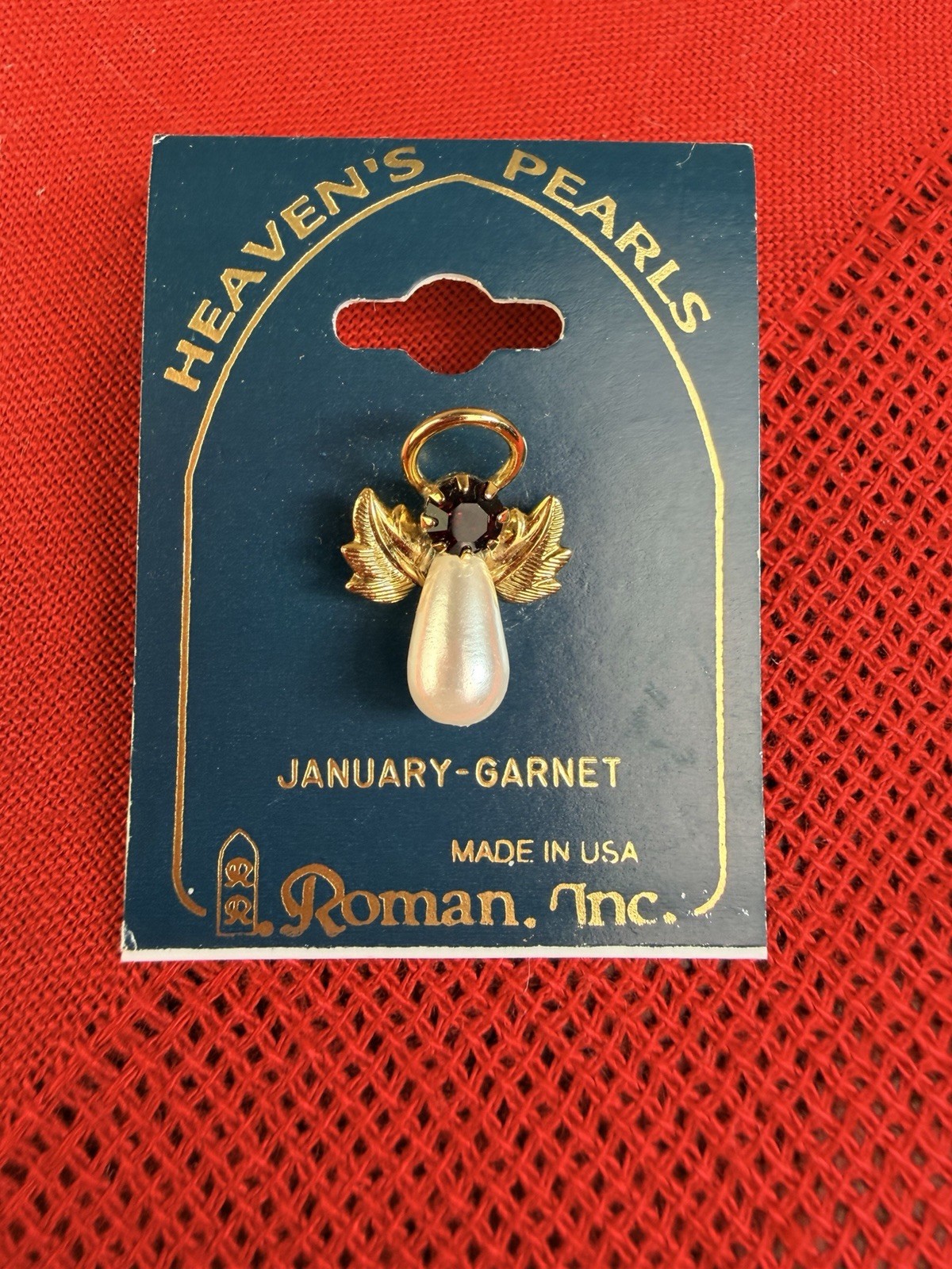 Vtg Roman Inc Heaven’s Pearls Angel Charm January Garnet Pearl Drop NOS