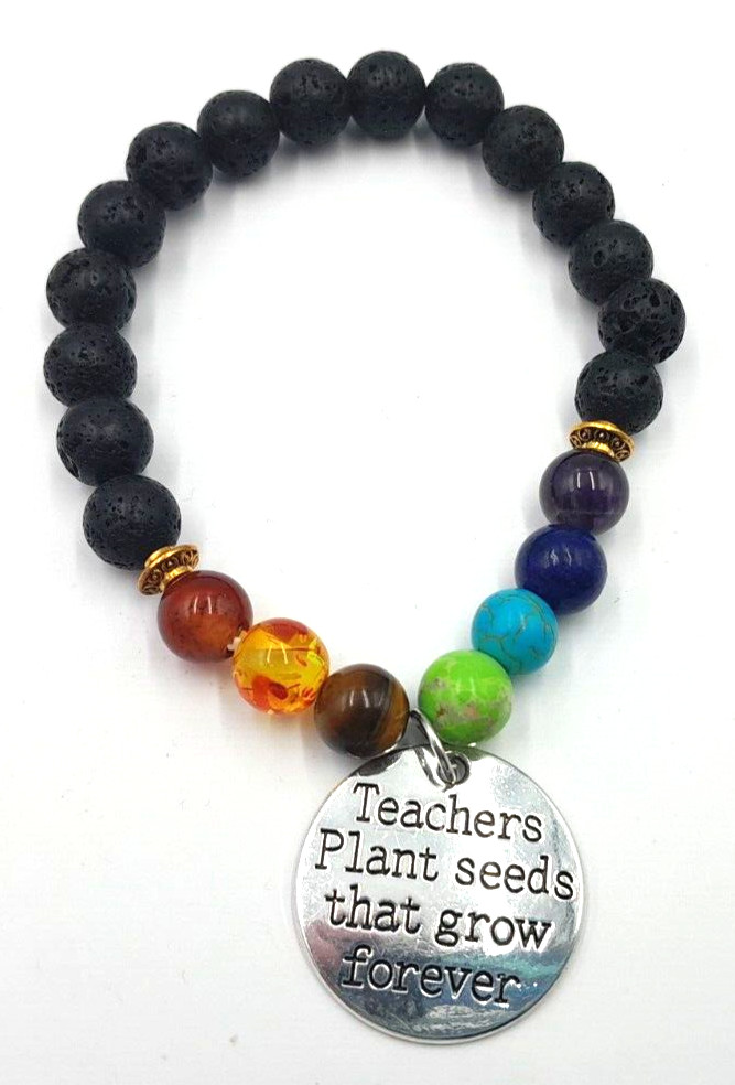 Black & Multi-Color Glass Beads Stretch Bracelet “Teachers Plant Seeds . . .”