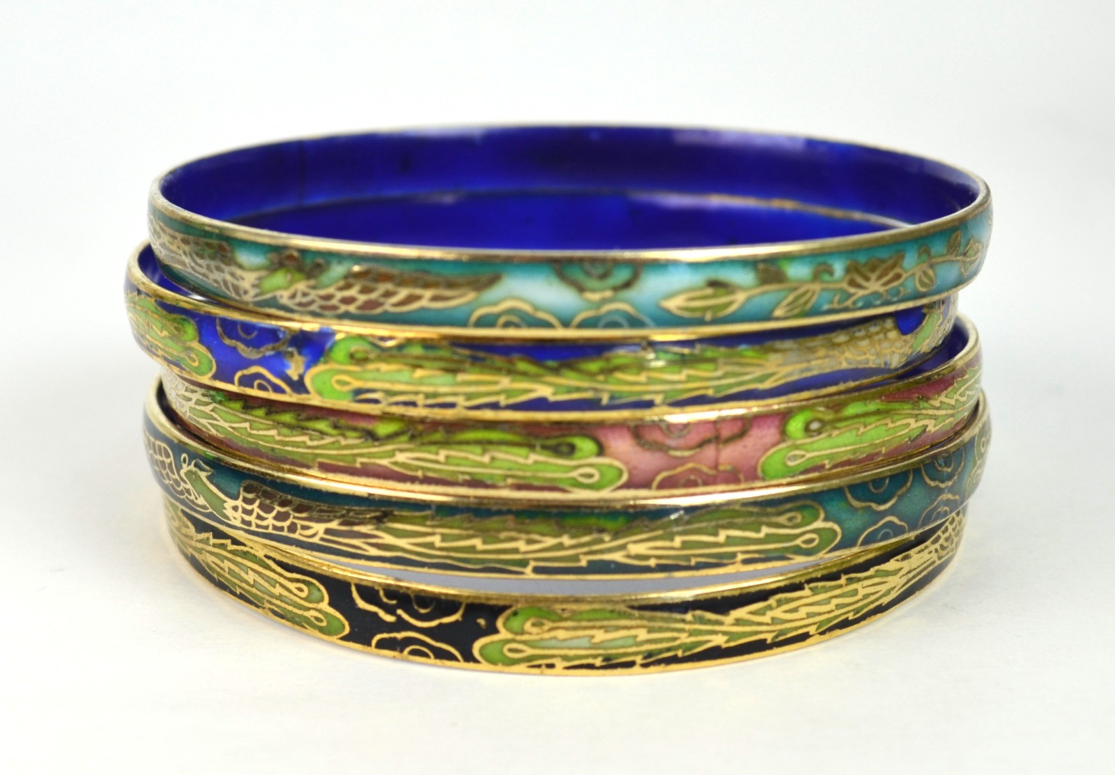 Vintage Cloisonné Enamel Bangle Bracelets Set of 5 Multicolor.