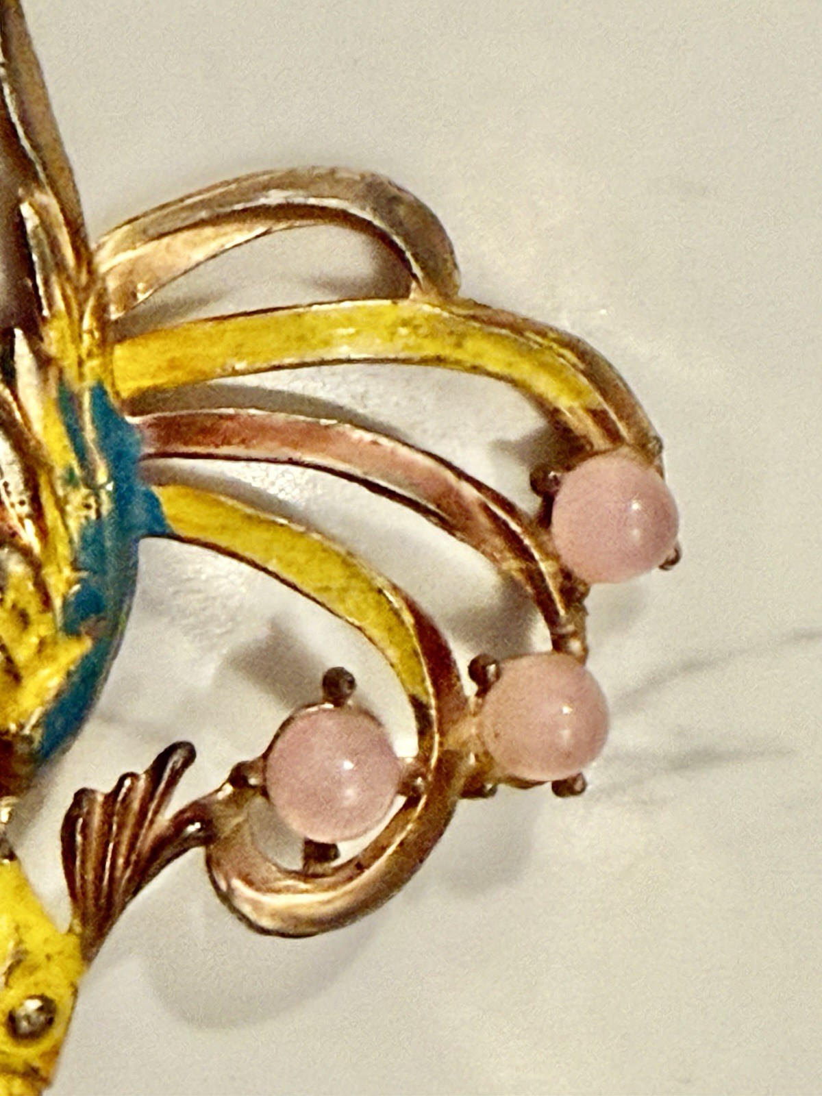 Antique 1940s CORO JELLY BELLY Bird Of Paradise Brooch W/ Enamel Pink & Yellow
