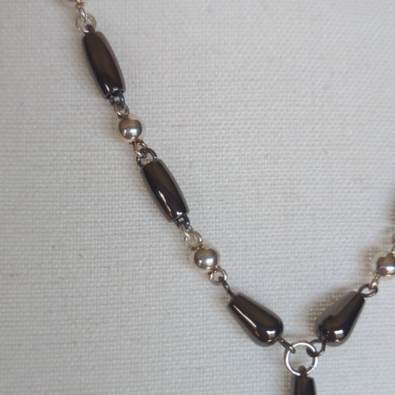 Signed Premier Design Silver Tone Necklace Black Beads Y-Drop Teardrop Pendant