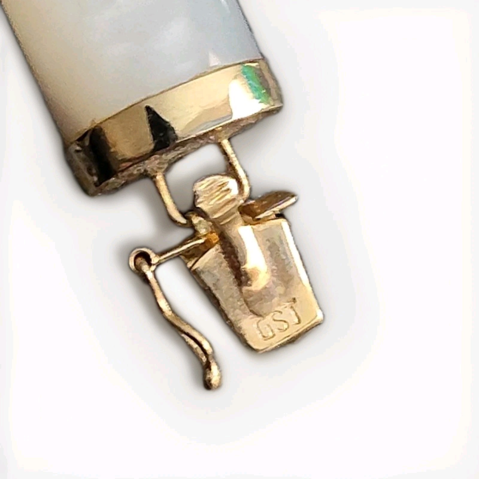 14K Yellow Gold Mother Of Pearl Gemstone Panel Tennis Bracelet Vintage Push Lock
