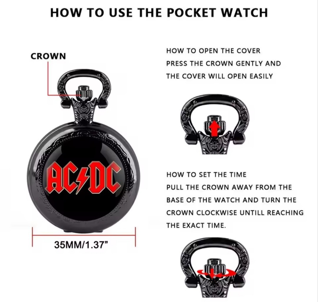 AC/DC Rock Band Pocket Watch – Black Stainless Steel Quartz Necklace with Chain