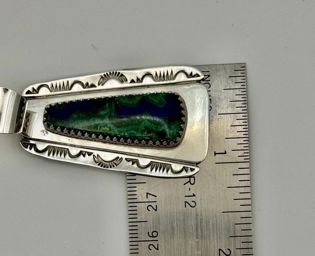 Navajo Sterling Silver Stamped Azurite Malachite Pendant Gerald Mitchell