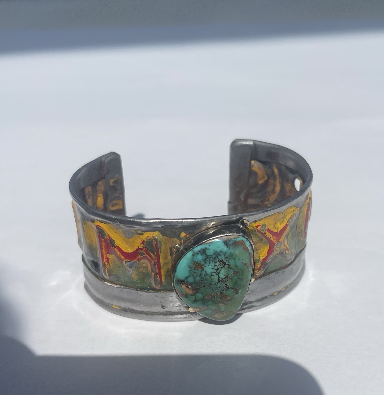 Kit Carson New Mexico License Plate Cuff Bracelet Turquoise 18k accents artisan