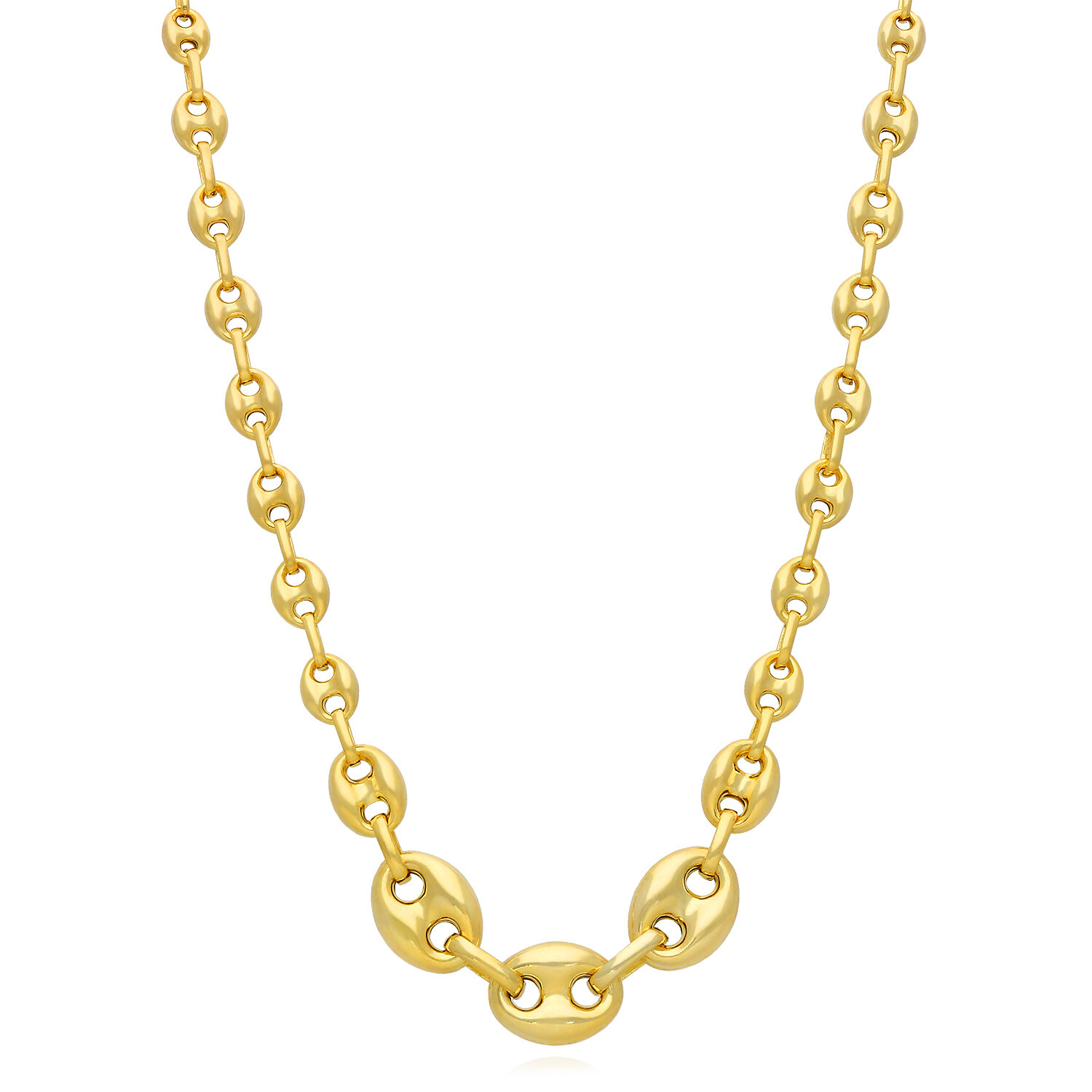 18K Yellow Gold Over Silver Puffed Anchor Mariner Graduated Necklace 17″
