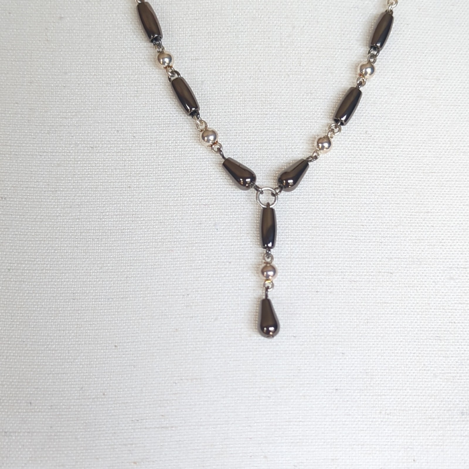 Signed Premier Design Silver Tone Necklace Black Beads Y-Drop Teardrop Pendant