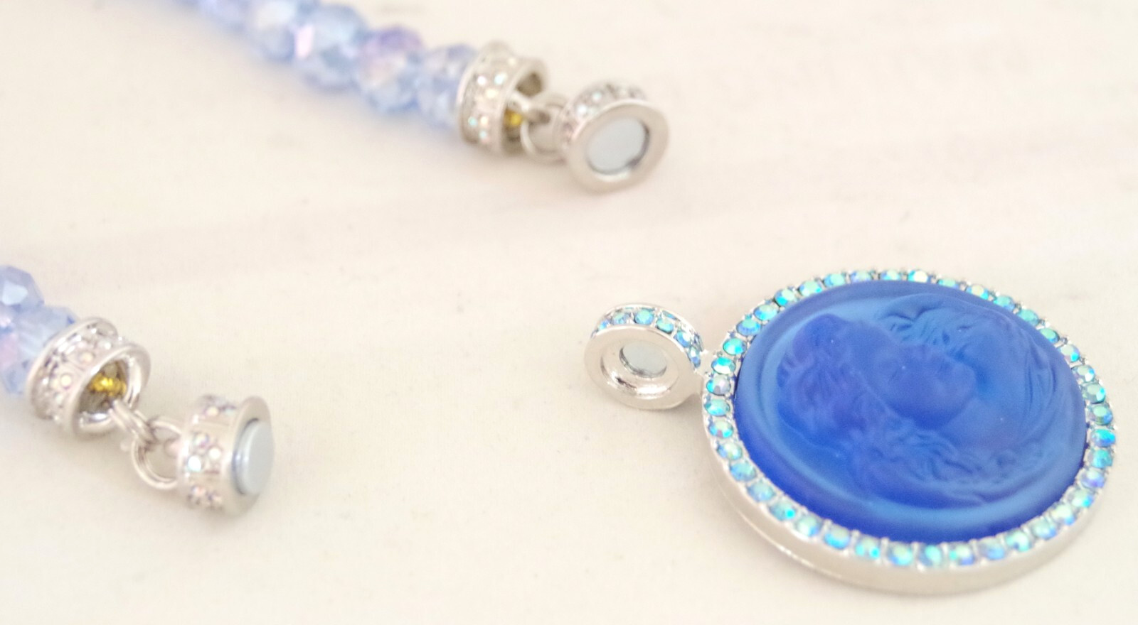 KIRKS FOLLY MAGNETIC CRYSTAL RHINESTONE BLUE ANGEL GODDESS SILVER TONE NECKLACE