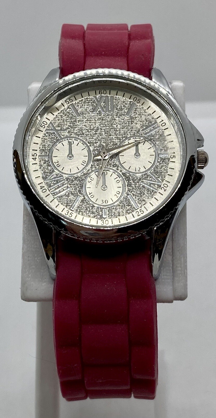 NEW JESSICA CARLYLE Ladies Watch Fresh Battery Pink Strap Silver Faux Chrono