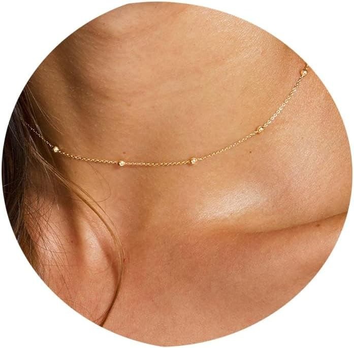 Dainty Gold Chain Necklace for Women, 14K Plated Beaded Box Link Choker Trendy