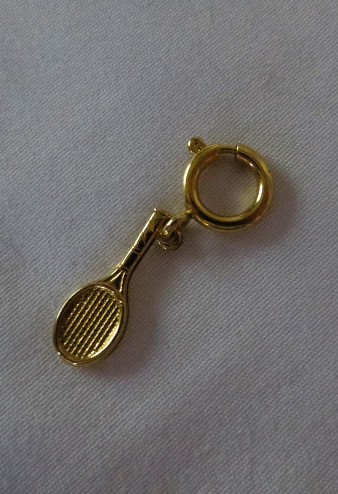 TENNIS RACKET CHARM Pendant Gold Tone Secure Clip Clasp Vintage Sporting Jewelry