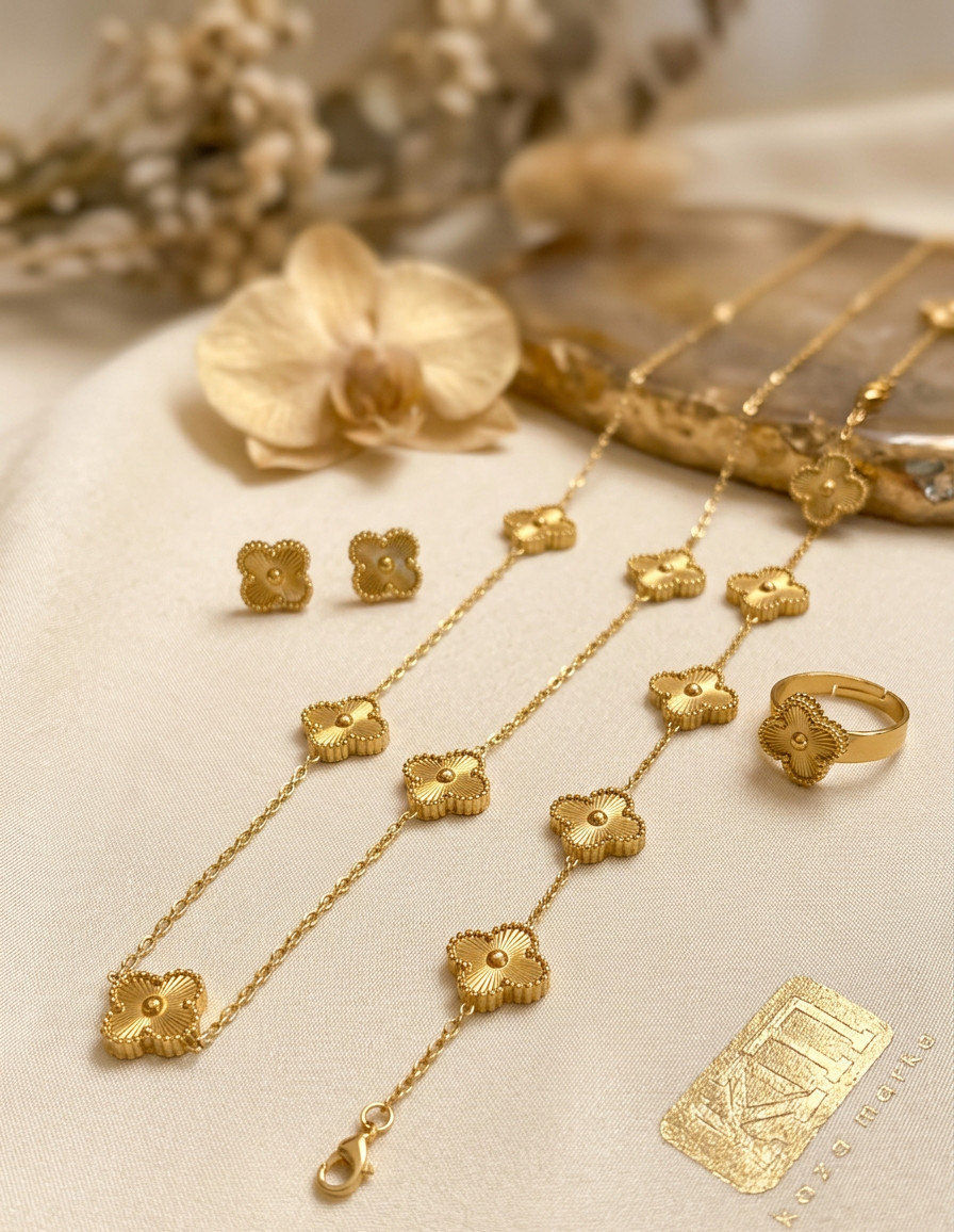 21k Gold Plated 4PCS Flower Jewelry Set Necklace Bracelet Ring Earrings