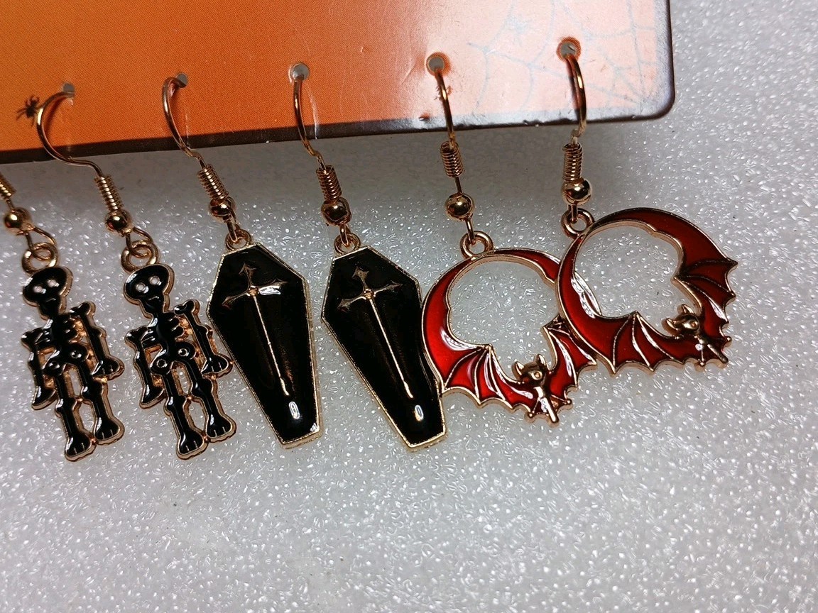Halloween Fun! Set Of 3 Dangling Enameled Goldtone Earrings, All Ages,