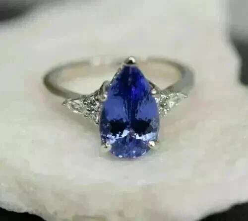 3.80Ct Pear Cut Natural Tanzanite Diamond Engagement Ring 14K White Gold Size 6