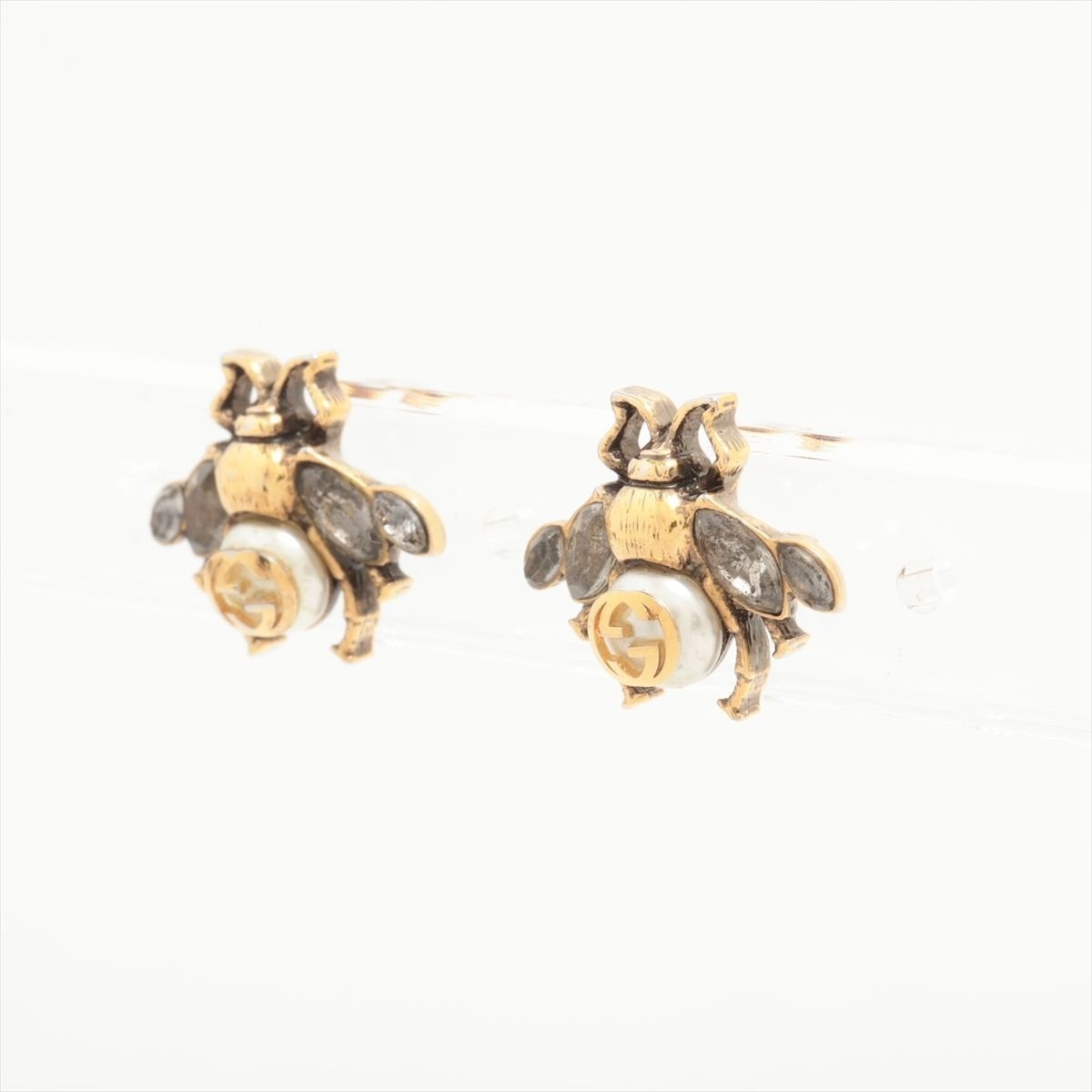Gucci Bee Stud Earrings Faux Pearl GG Logo Gold Earrings Rhinestone Interlocking