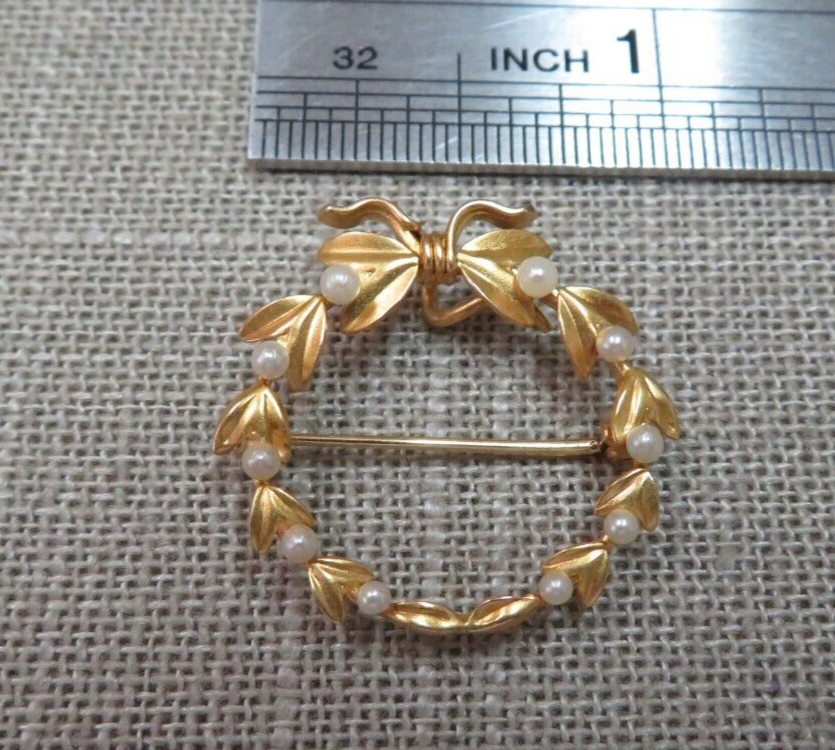 Antique 14K Solid Yellow Gold Seeds Pearl Wreath Brooch Pin Pendant 2.29 Grams