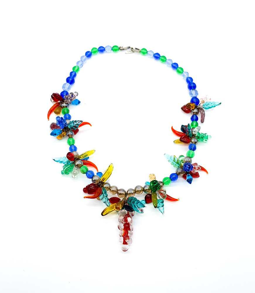 Vintage Mid Century Tutti Fruitti Tropicana Molded Art Glass Bead Necklace 18″