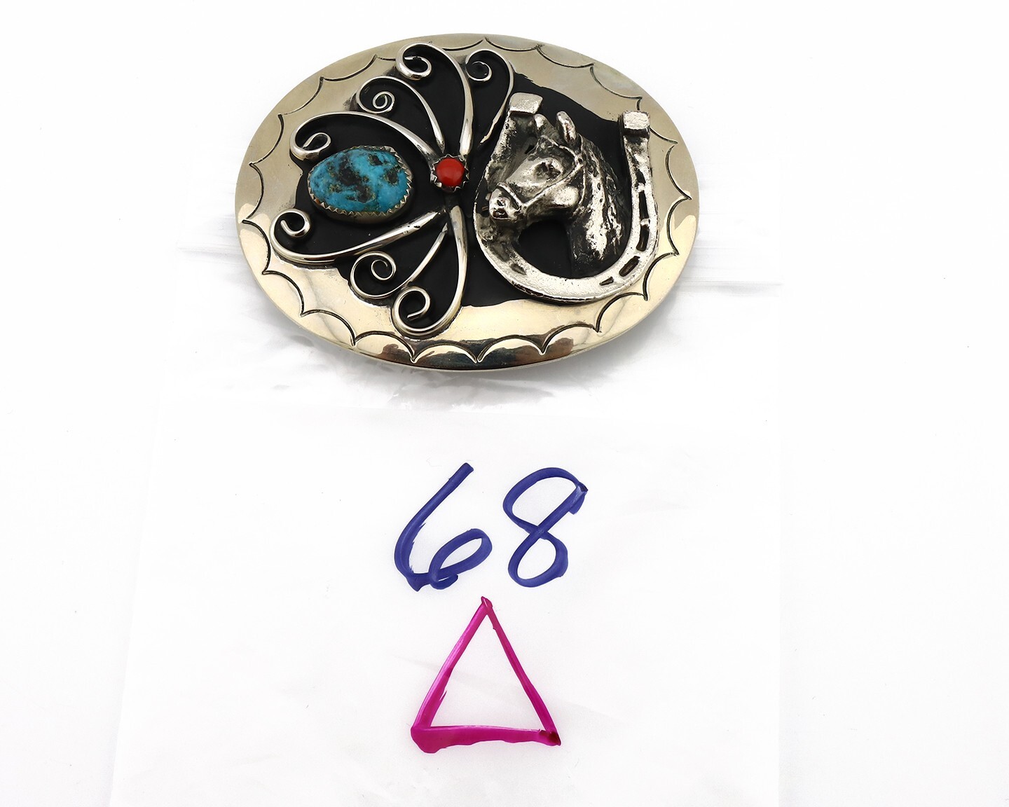 Navajo Horse Belt Buckle Nickle Silver Gemstone Handmade Native American C.80’s
