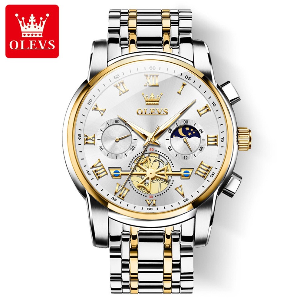 OLEVS Quartz Men’s Watch, Stainless Steel, Chronograph, Waterproof, Moon Phases