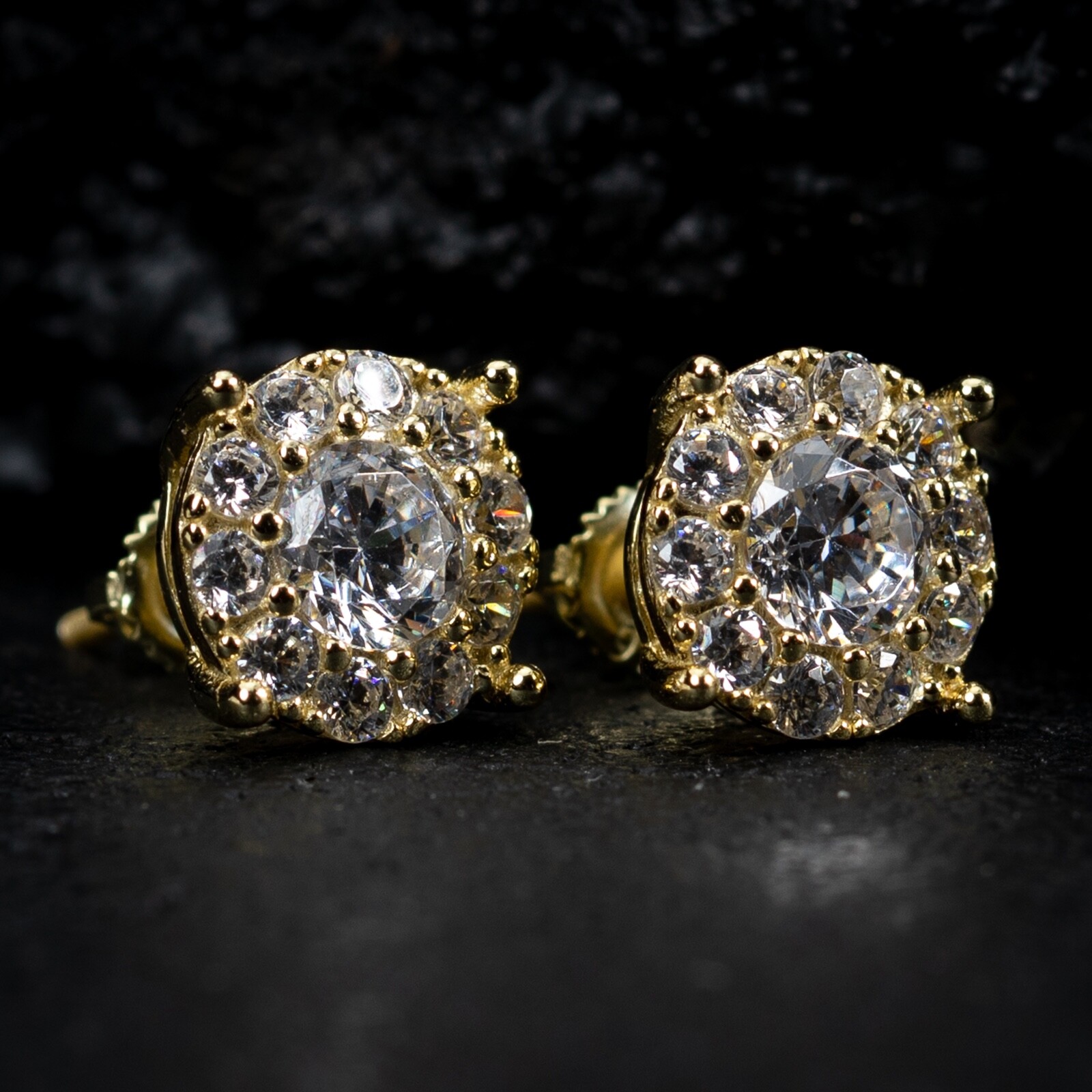 14K Gold Plated Men’s Hip Hop Iced Cluster 925 Sterling Silver Stud Earrings