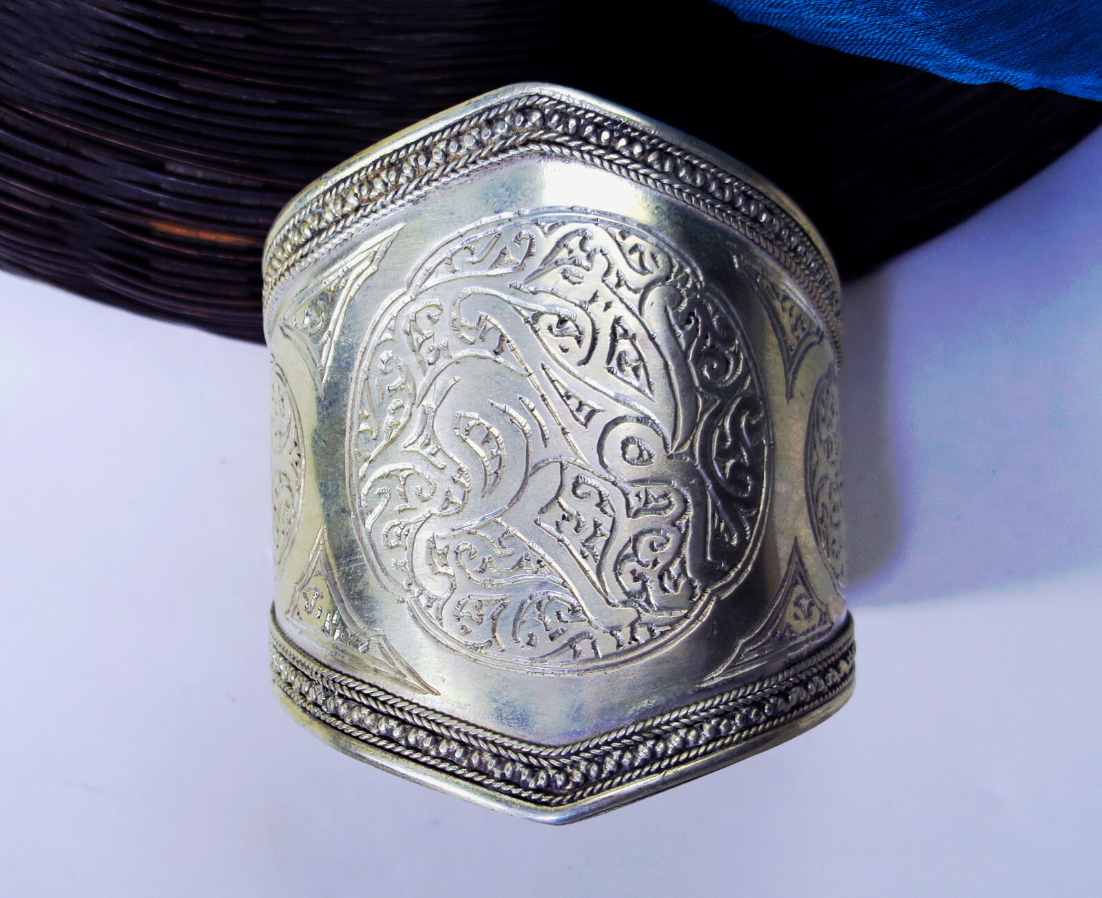 Big Ornately-Engraved Afghan Cuff Bracelet – Handmade Silver Plated #4720