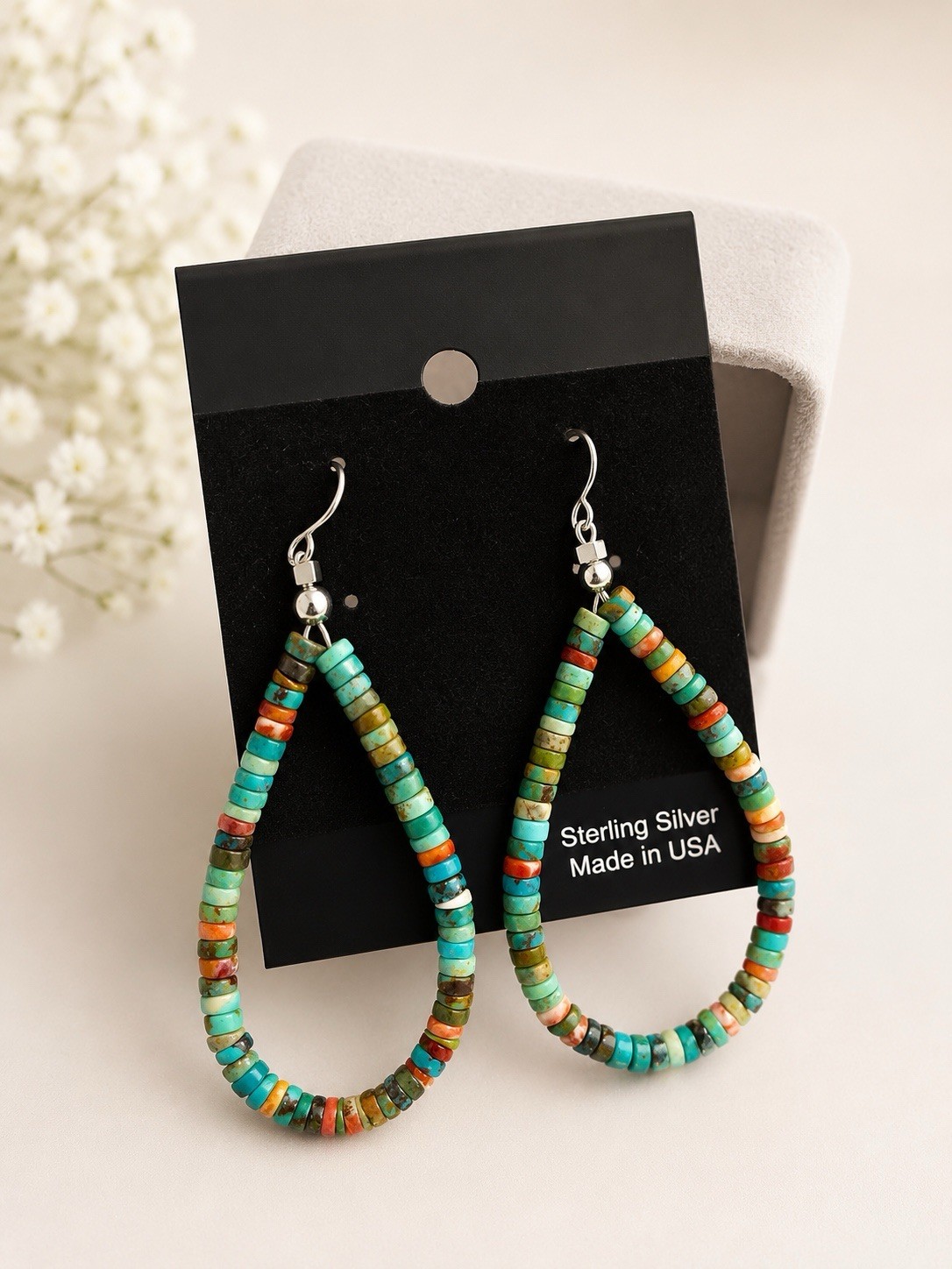 s925 Sterling Silver Multicolor Turquoise Beaded Teardrop Dangle Hook Earrings