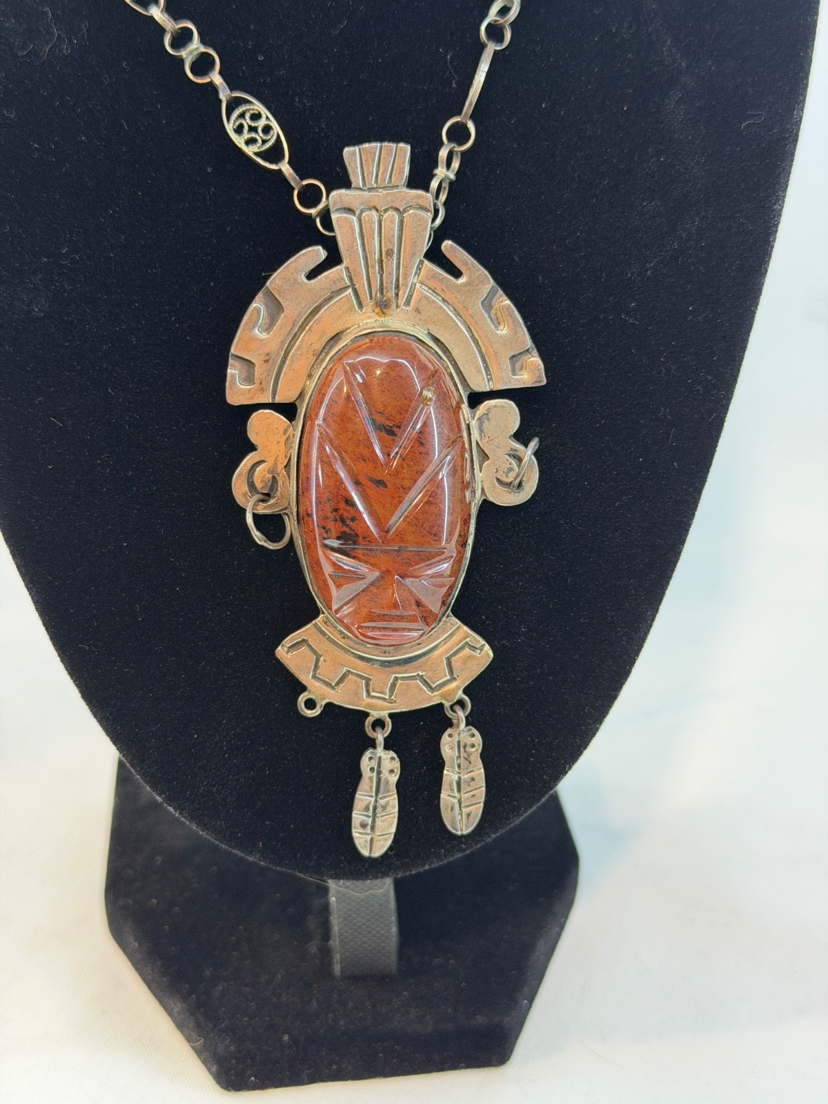 Vintage Mid Century Taxco Sterling Silver Obsidian Warrior Mask Signed MMC