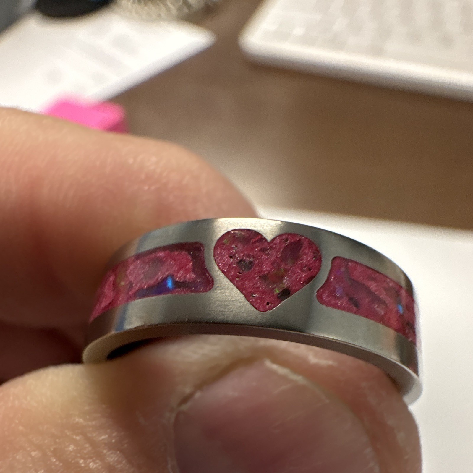 Size 8 pink heart with pink opal 6mm inlay titanium, hand made by seller